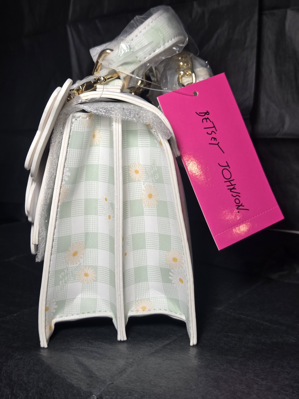 Betsey Johnson XOMYLO2 Blue Multi Gingham & Daisy Print Top Handle Crossbody Bag - Picture 8 of 12